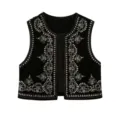 Black velvet sequin embroidered vest detail view, vintage sleeveless crop outerwear for women. - S / Black