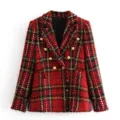 Red plaid tweed double breasted blazer jacket with stylish gold buttons for women - S / Red
