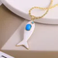 Collar con colgante de pez de esmalte blanco bañado en oro con piedra azul estilo océano mujer - Blanco-2 (Colgante y collar)