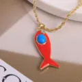 Red Enamel Fish Pendant Necklace 18K Gold Plated Blue Stone Choker Fashion Jewelry - Red-2 (Pendant & Necklace)