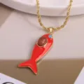 Gold Plated Red Enamel Fish Pendant Necklace with Goldstone and Zircon for Women Ocean Style - Red-4 (Pendant & Necklace)