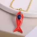 Gold plated red enamel fish pendant necklace with blue stones for women marine jewelry - Red-5 (Pendant & Necklace)