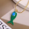 Gold Plated Green Enamel Fish Pendant Necklace with Blue Stone Ocean Style Jewelry Gift - Green-2 (Pendant + Necklace)