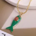 Gold plated green enamel fish pendant necklace with sparkling zircon and rope chain for women. - Green-3 (Pendant + Necklace)