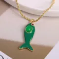 Gold plated copper green enamel fish pendant necklace with micro zircon for marine style. - Green-4 (Pendant + Necklace)
