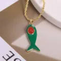 Gold rope chain green enamel fish pendant necklace with red stone and zircon details. - Green-5 (Pendant + Necklace)
