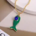 Gold-plated green enamel fish pendant necklace with blue and red stone details for women. - Green-6 (Pendant + Necklace)
