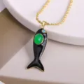 Gold plated black enamel fish pendant necklace with green stone and micro zircon details. - Black-2 (Pendant + Necklace)