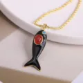 Gold plated fish pendant necklace with black enamel red stone micro zircon ocean style jewelry - Black-3 (Pendant + Necklace)