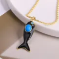 18K Gold Plated Enamel Fish Pendant Necklace Black and Blue Zircon Fashion Jewelry - Black-4 (Pendant + Necklace)