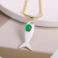 Gold plated enamel fish pendant necklace with green stone and blue zircon for women fashion - White-1 (Pendant & Necklace)