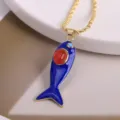 Gold Plated Blue Enamel Fish Pendant Necklace with Red Stone and Sparkling Zircon Accents - Dark Blue-4 (Pendant + Necklace)