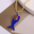 Gold plated blue enamel fish pendant necklace with sparkling stone, elegant ocean style jewelry. - Dark Blue-5 (Pendant + Necklace)