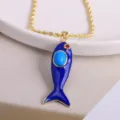 Gold plated blue enamel fish pendant necklace with turquoise stone and red zircon eye for women. - Dark Blue-6 (Pendant + Necklace)