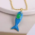Gold plated blue enamel fish pendant necklace with green stone and zircon for women daily wear - Light Blue-2 (Pendant + Necklace)