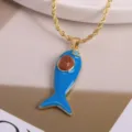 Gold Rope Chain Blue Enamel Fish Pendant Necklace With Brown Sandstone And Zircon Details - Light Blue-3 (Pendant + Necklace)