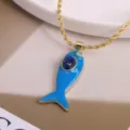 18k gold plated brass blue enamel fish pendant necklace with lapis lazuli and zircon stones - Light Blue-4 (Pendant + Necklace)