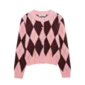 Pink and dark brown argyle knit cardigan detail, crew neck casual sweater for women. - L / Tops