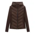 Women's slim-fit hooded lightweight puffer jacket with knitted long sleeves in dark brown. - XS / Dark Brown