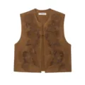 Brown faux suede embroidered vest women layering outerwear featuring detailed floral pattern. - XS / Brown