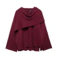 Asymmetrical knit scarf collar women winter coat, elegant burgundy short jacket sweater. - S / Burgundy