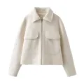 Textured off-white wool jacket featuring lapel collar, zip front and dual chest pockets. - S / Off White