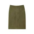 Detailed view of an olive green suede skirt featuring a soft texture and clean center seam design. - S / Bottoms / Army Green