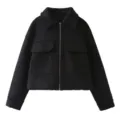 Detail view of stylish black wool lapel jacket with front zipper and chest pockets. - Black