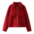Red textured zip jacket detail shot showing collar and pocket craftsmanship clearly. - S / Red