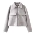 Grey wool blend cropped jacket detail, zipper closure, lapel collar and dual flap pockets. - S / Light Gray