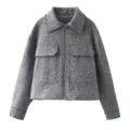Grey wool-blend lapel zip jacket for women, stylish street fashion outerwear with pockets. - S / Gray