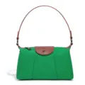 Grüne Nylontasche mit brauner Lederlasche, klassische Achseltasche im Baguette-Stil. - Vintage Umhängetasche (D2239#) / Grün