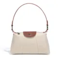 Elegante beige Nylon Schultertasche mit braunem Lederdeckel und Griff für Damen Mode. - Vintage Umhängetasche (D2239#) / Gebrochenes Weiß