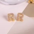 Gold Plated Micro Paved Zircon Letter R Stud Earrings Fashion Jewelry for Women and Men - Letter R