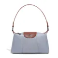Hellblaue Nylon Umhängetasche mit braunem Ledergriff und Klappe, elegante modische Tasche. - Vintage Umhängetasche (D2239#) / Silber-Mondstein