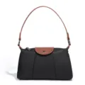 Schwarze Nylon Umhängetasche für Damen, klassische braune Ledertasche, elegante Baguette Tasche. - Vintage Umhängetasche (D2239#) / Schwarz/Braun