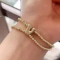 Gold plated chunky bubble letter bead double layer stretch bracelet for women jewelry - Letter V