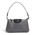 Graue Nylon Umhängetasche mit schwarzem Lederdeckel und Henkel, elegante Handtasche für Damen. - Patchwork-Umhängetasche (D2239-1#) / Grau/Schwarz