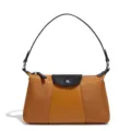 Retro braune Nylon Umhängetasche für Damen, elegante Achseltasche mit Lederklappe und Griff. - Patchwork-Umhängetasche (D2239-1#) / Karamell/Schwarz