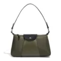 Grüne Nylon Umhängetasche für Damen, elegante Baguette Tasche mit schwarzem Lederdeckel. - Patchwork-Umhängetasche (D2239-1#) / Armeegrün/Schwarz