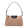 Retro braune Nylon Umhängetasche für Damen, elegante Baguette Tasche mit Lederklappe. - Patchwork-Umhängetasche (D2239-1#) / Mousse/Schwarz