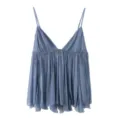 Detailed view of the blue camisole showing the delicate pleated ruffles and spaghetti straps. - XS / Sapphire Blue