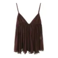 Detail view of the chic brown sheer camisole featuring delicate straps and ruffle hem. - XS / Dark Brown