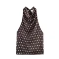 Detailed view of the brown cowl neck halter top featuring a classic white polka dot pattern. - S / Tops / Brown