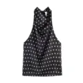 Elegant black and white polka dot halter top with stylish cowl neck and sleeveless design. - S / Tops / Black