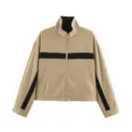 Women's khaki stand collar contrast zip-up jacket casual fashion outerwear daily wear. - S / Tops / Khaki