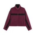 Women's burgundy colorblock stand collar zip up casual jacket fashion apparel style - S / Tops / Burgundy