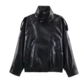 Women Black Faux Leather Stand Collar Jacket Chic Streetwear Casual Winter Outerwear - XS / Black