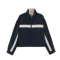Navy blue contrast color high collar zip-up jacket for women, stylish casual outerwear. - Navy Blue