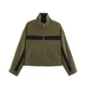 Olive green contrast color stand-up collar zip jacket, stylish casual women's outerwear variant. - Army Green